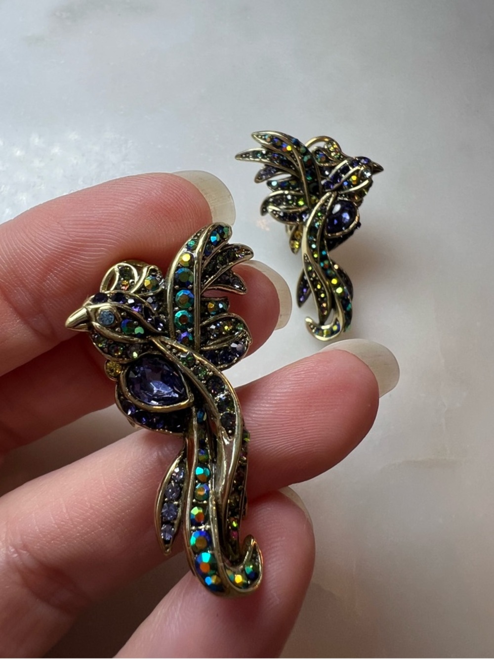 Heidi Daus “Phoenix Rising” Crystal Bird Earrings Gold Tone Aurora Borealis - Picture 3 of 6